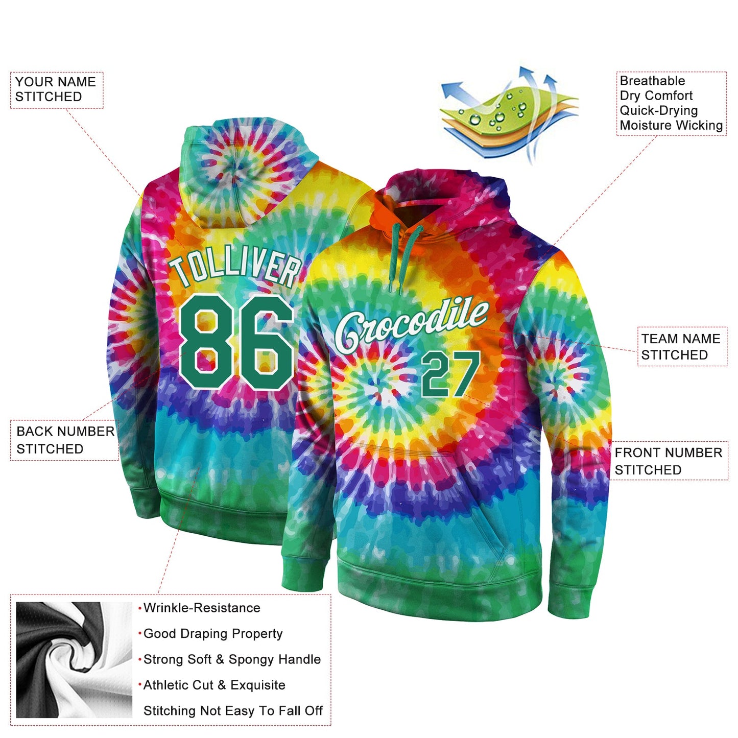 Custom Stitched Tie Dye Kelly Green-White 3D Pattern Design Sports Pullover Sweatshirt Hoodie view 2