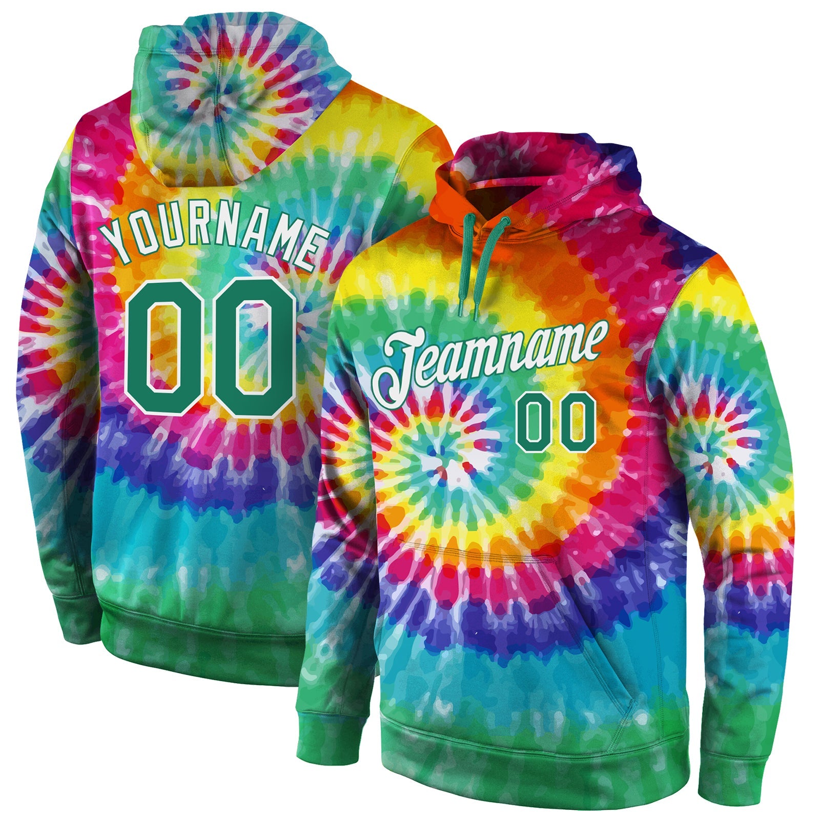 Custom Stitched Tie Dye Kelly Green-White 3D Pattern Design Sports Pullover Sweatshirt Hoodie - Main View
