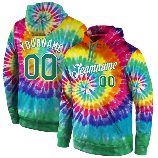 Custom Stitched Tie Dye Kelly Green-White 3D Pattern Design Sports Pullover Sweatshirt Hoodie - Main View
