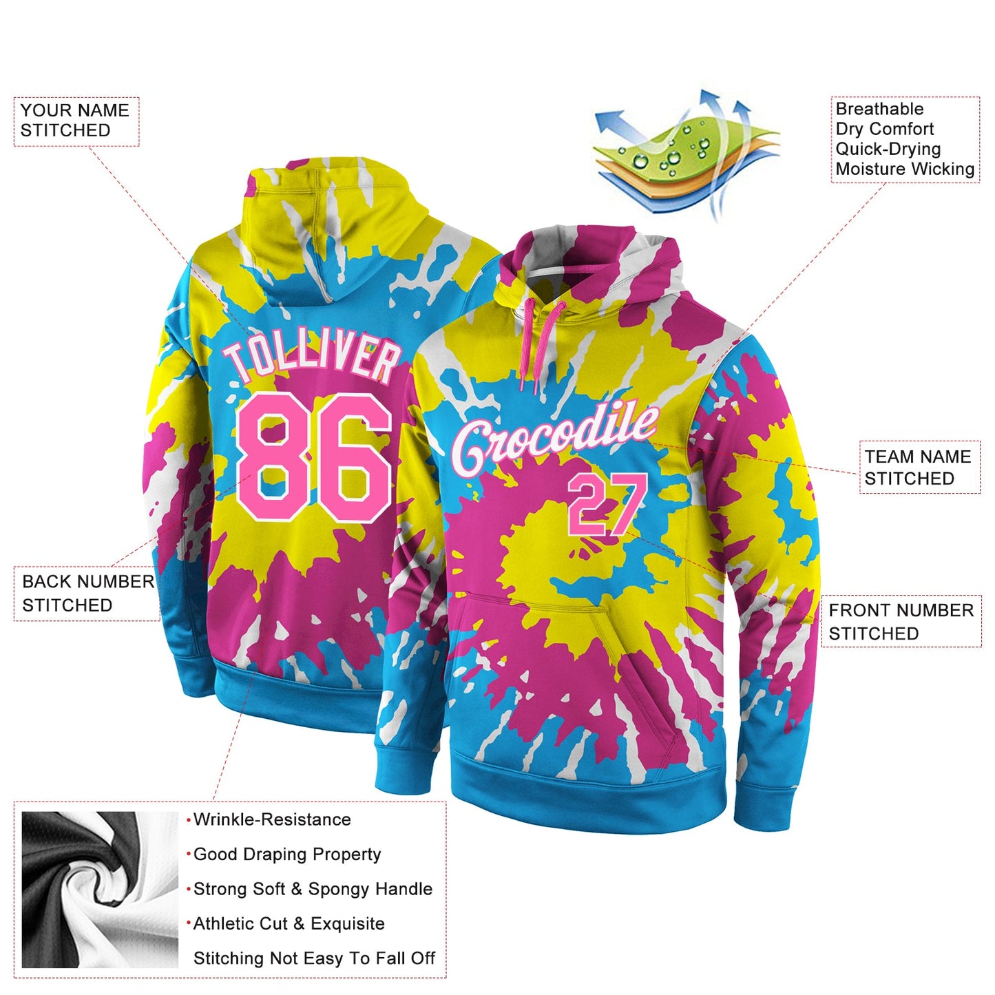 Custom Stitched Tie Dye Pink-White 3D Pattern Design Sports Pullover Sweatshirt Hoodie view 2