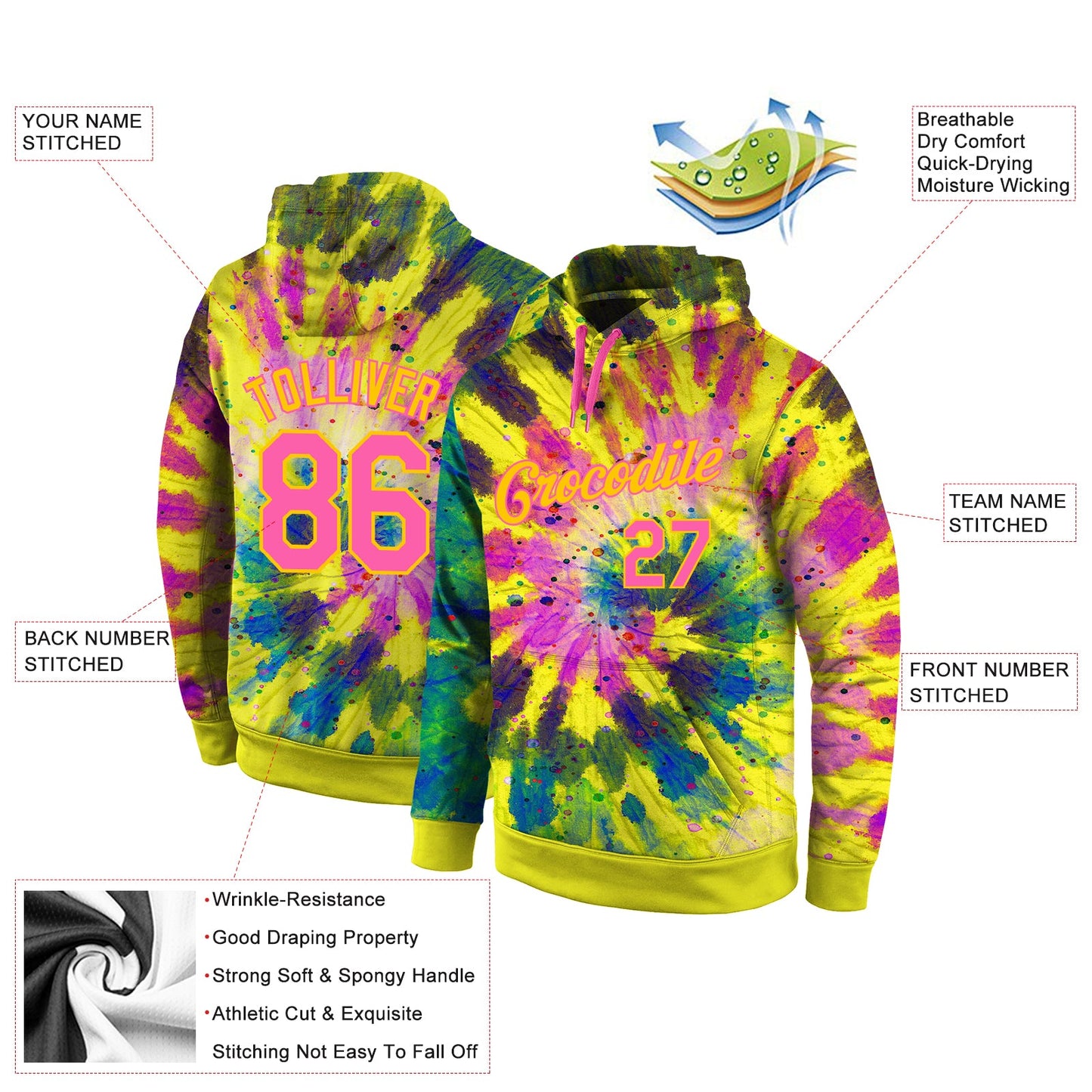 Custom Stitched Tie Dye Pink-Gold 3D Pattern Design Sports Pullover Sweatshirt Hoodie view 2