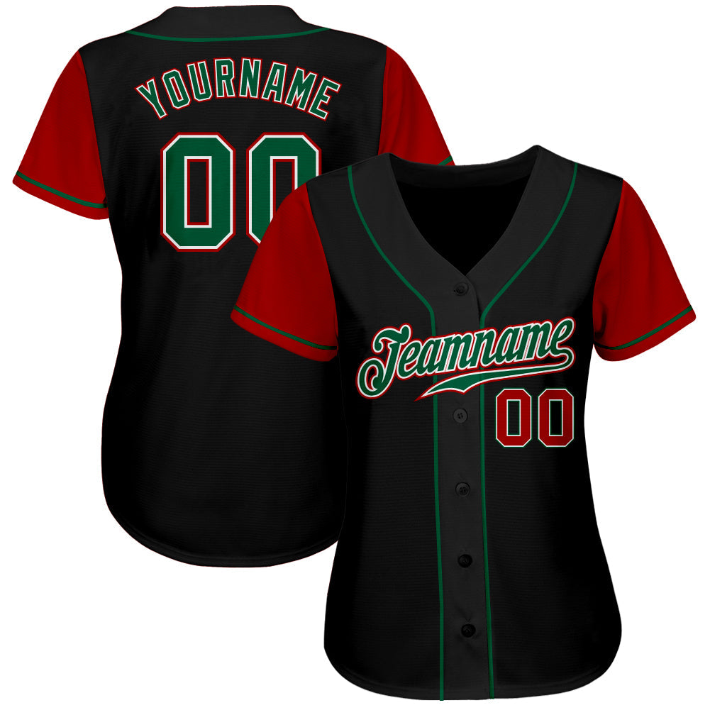 Custom Black Kelly Green-Red Authentic Two Tone Baseball Jersey view 2