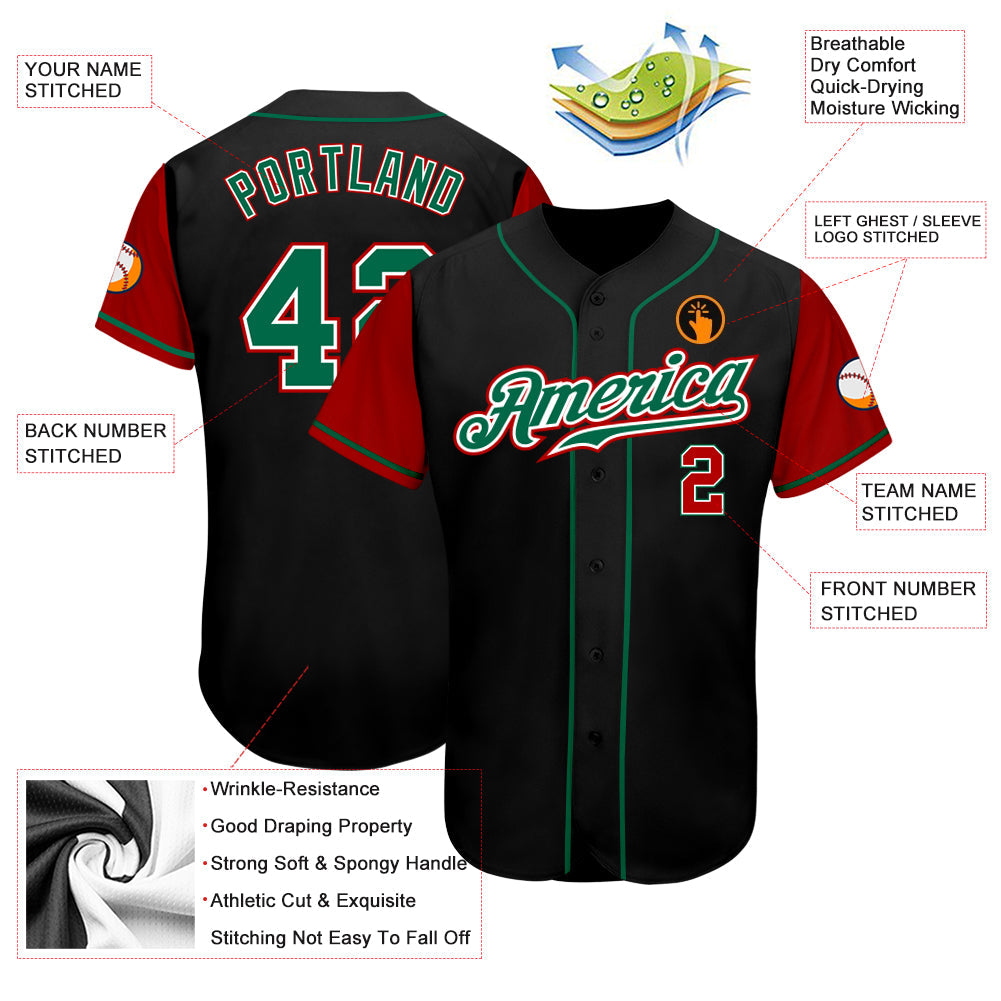 Custom Black Kelly Green-Red Authentic Two Tone Baseball Jersey view 3