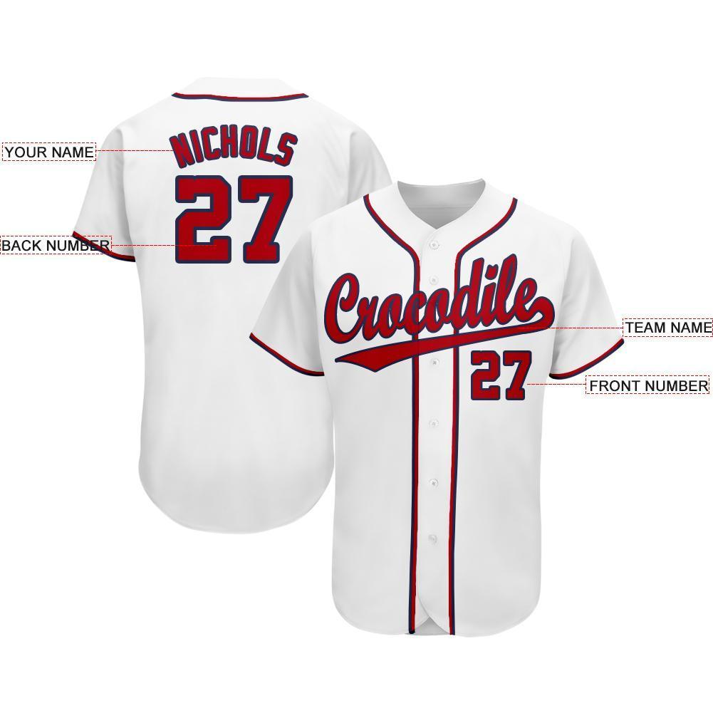 Custom White Red-Navy Baseball Jersey view 3