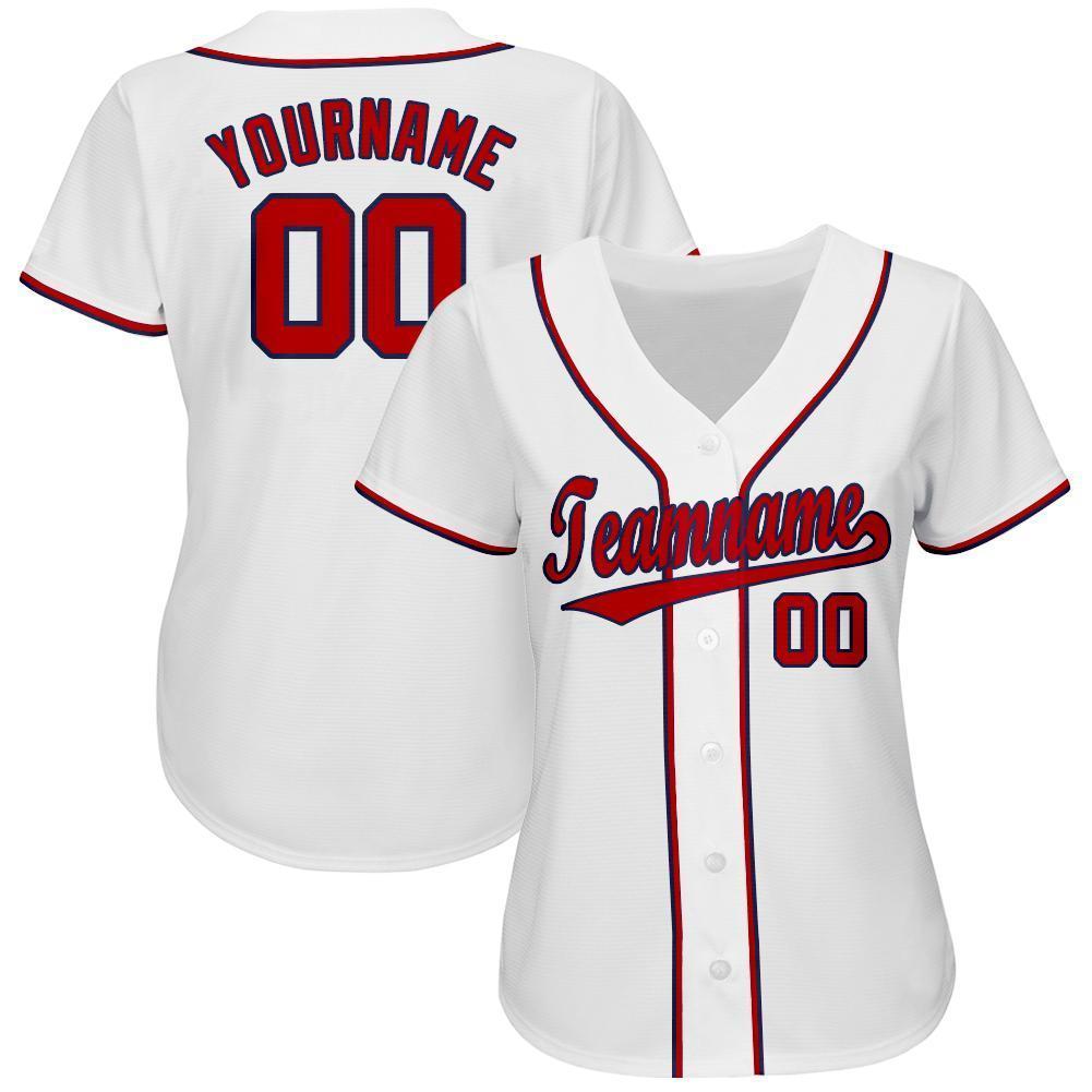 Custom White Red-Navy Baseball Jersey view 2