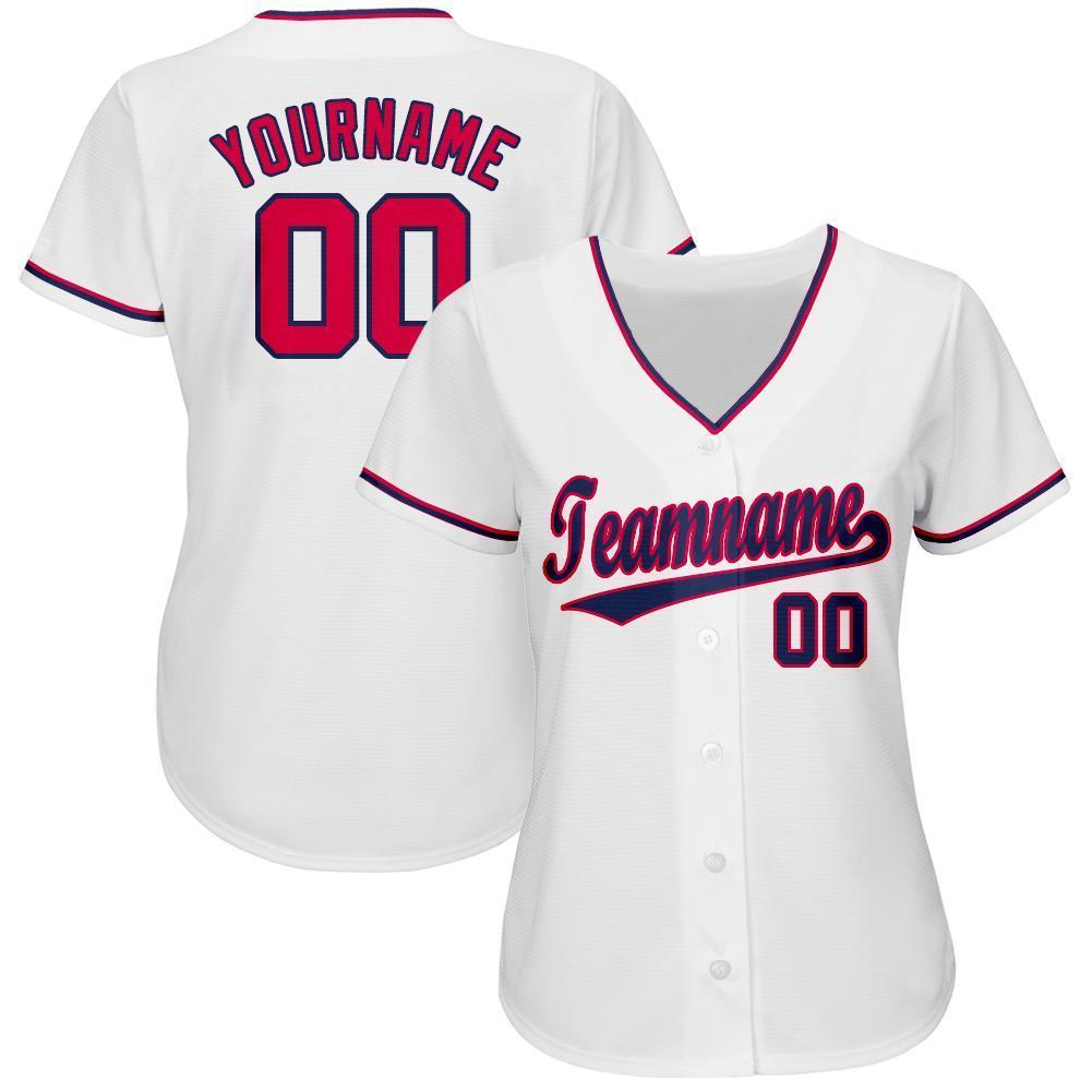 Custom White Red-Navy Baseball Jersey view 2