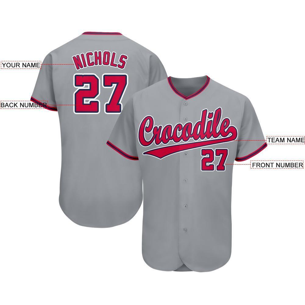Custom Gray Red-Navy Baseball Jersey view 3