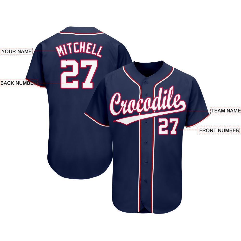 Custom Navy White-Red Baseball Jersey view 3