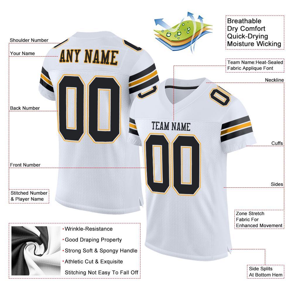 Custom White Black-Gold Mesh Authentic Football Jersey view 4