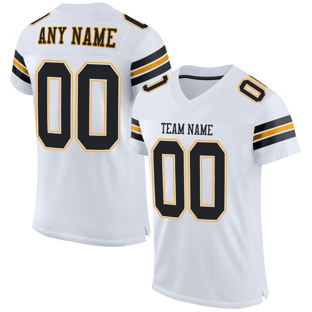 Custom White Black-Gold Mesh Authentic Football Jersey - Main View