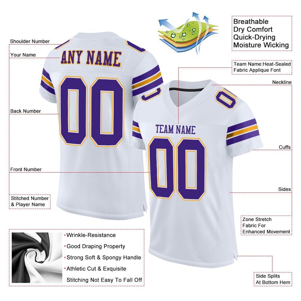 Custom White Purple-Gold Mesh Authentic Football Jersey view 4