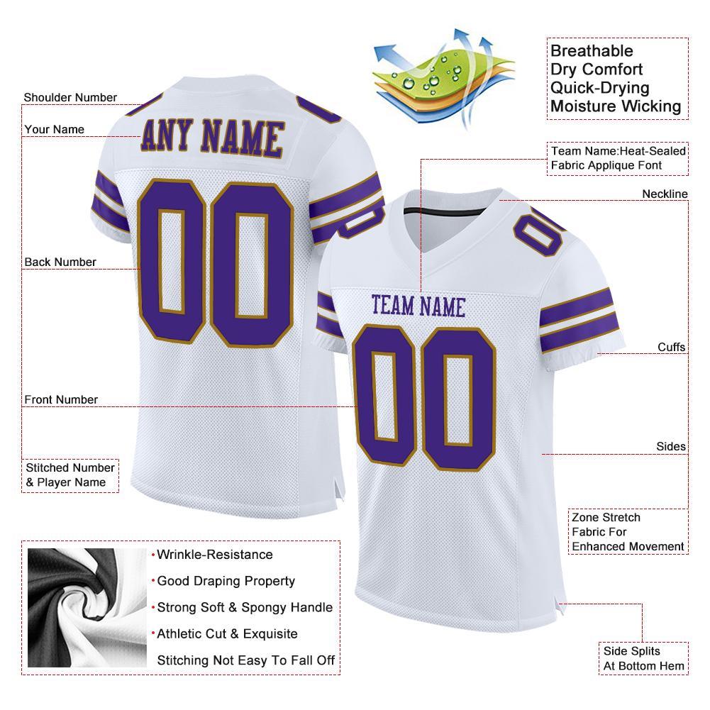 Custom White Purple-Old Gold Mesh Authentic Football Jersey view 4