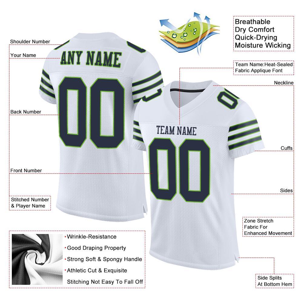 Custom White Navy-Neon Green Mesh Authentic Football Jersey view 4