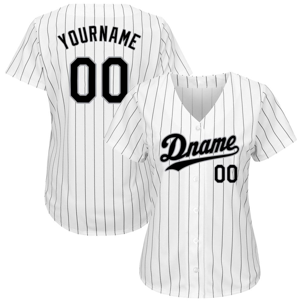 Custom White Black Pinstripe Black-Gray Authentic Baseball Jersey view 3