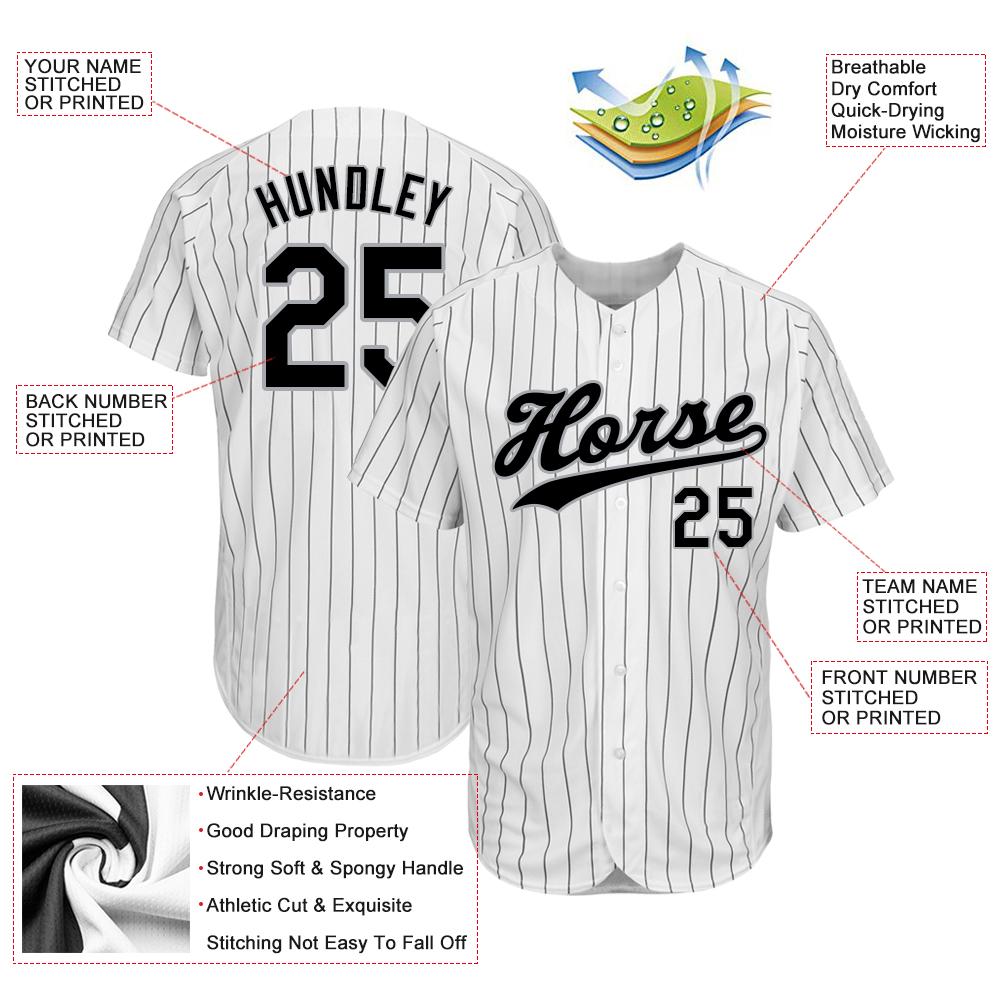 Custom White Black Pinstripe Black-Gray Authentic Baseball Jersey view 4