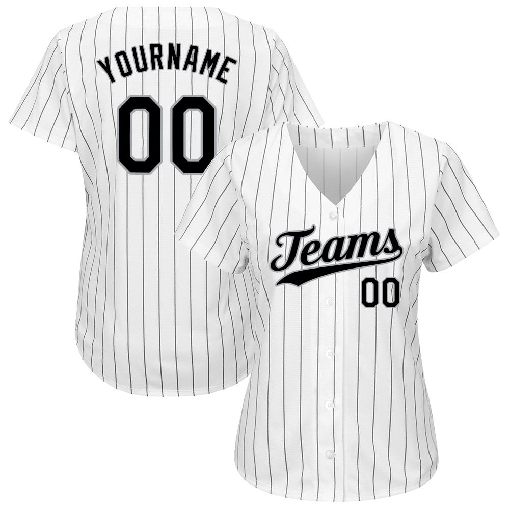 Custom White Black Pinstripe Black-Gray Authentic Baseball Jersey view 2