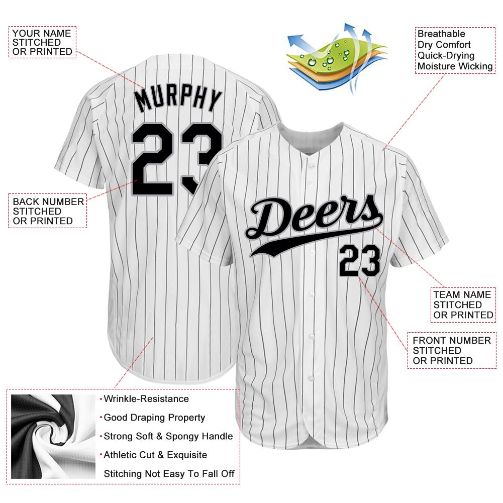 Custom White Black Pinstripe Black-Gray Authentic Baseball Jersey view 3