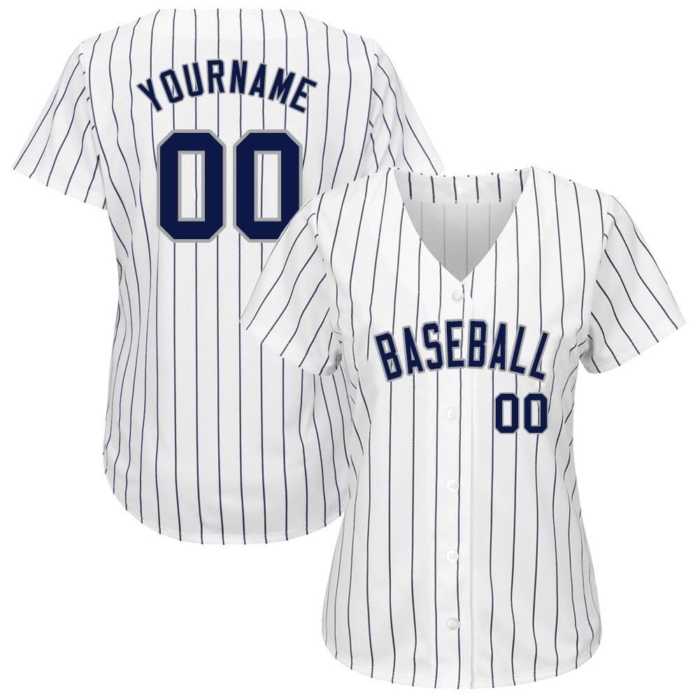 Custom White Navy Pinstripe Navy-Gray Authentic Baseball Jersey view 2