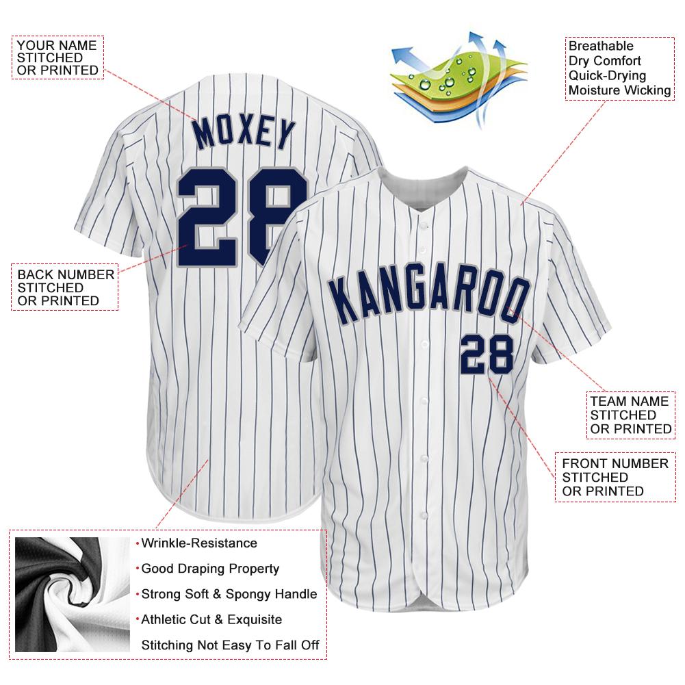 Custom White Navy Pinstripe Navy-Gray Authentic Baseball Jersey view 3