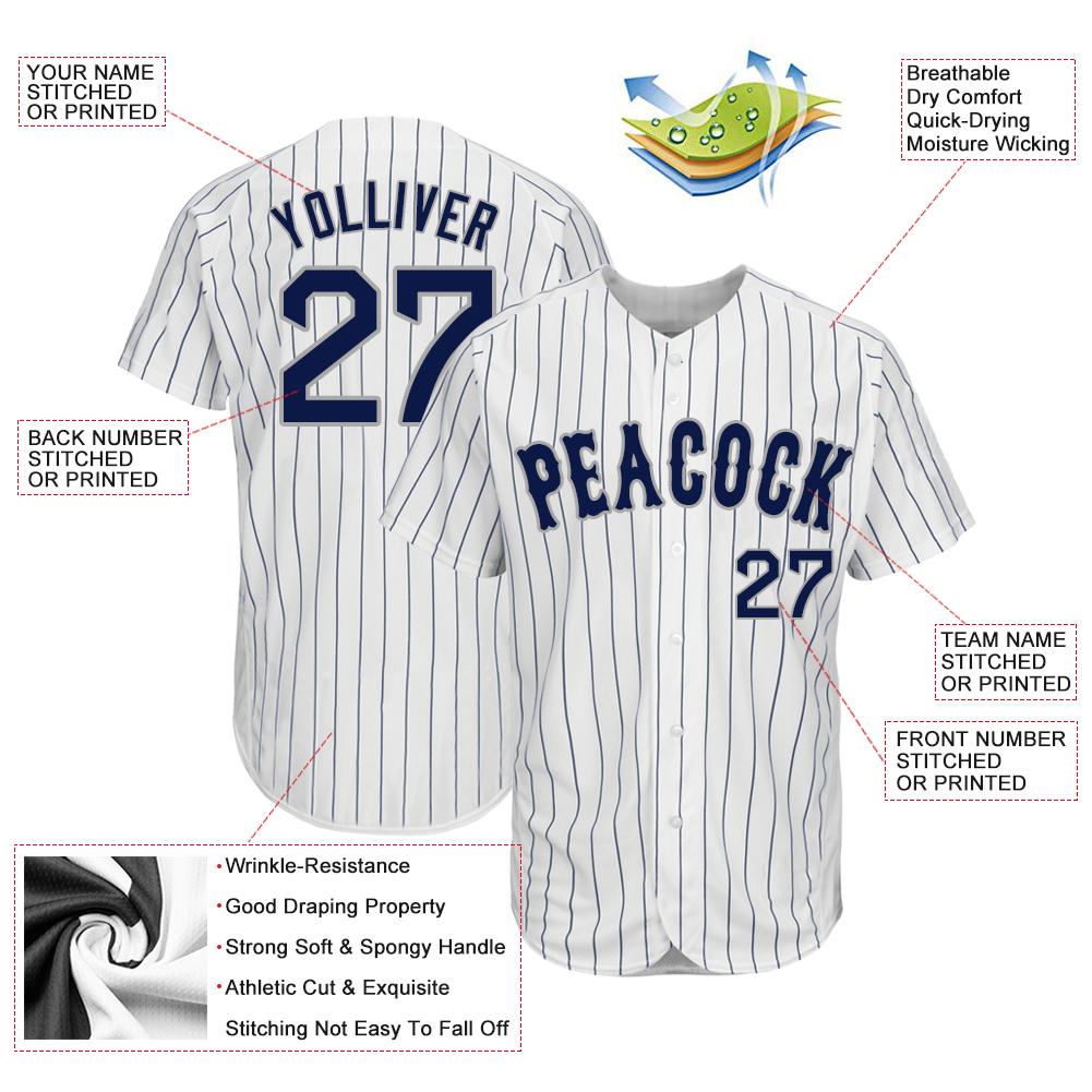 Custom White Navy Pinstripe Navy-Gray Authentic Baseball Jersey view 3