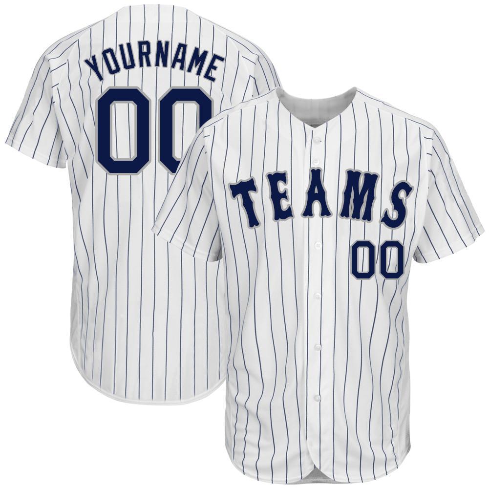 Custom White Navy Pinstripe Navy-Gray Authentic Baseball Jersey - Main View