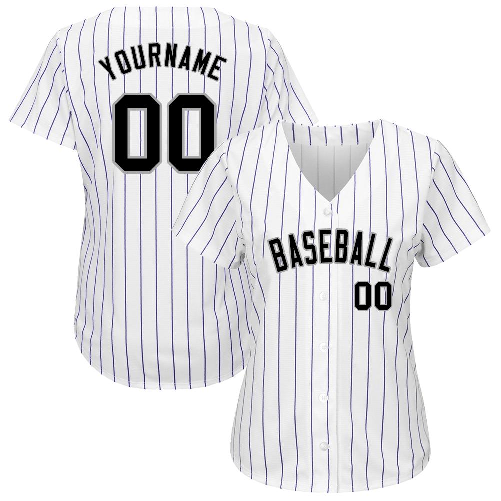 Custom White Purple Pinstripe Black-Gray Authentic Baseball Jersey view 2