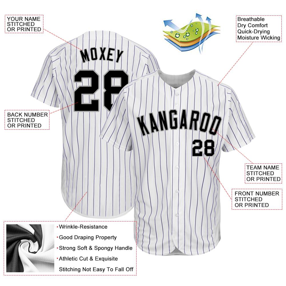 Custom White Purple Pinstripe Black-Gray Authentic Baseball Jersey view 3