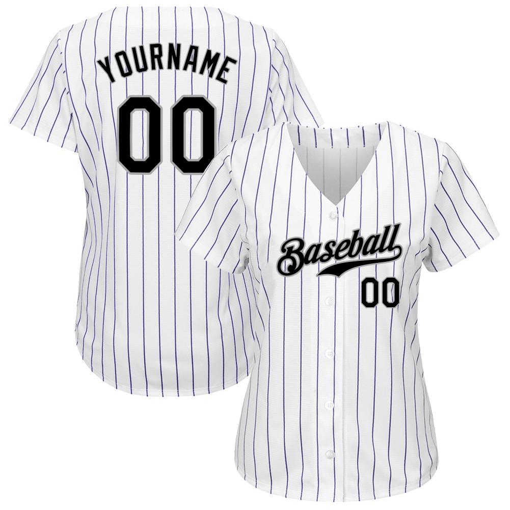 Custom White Purple Pinstripe Black-Gray Authentic Baseball Jersey view 2