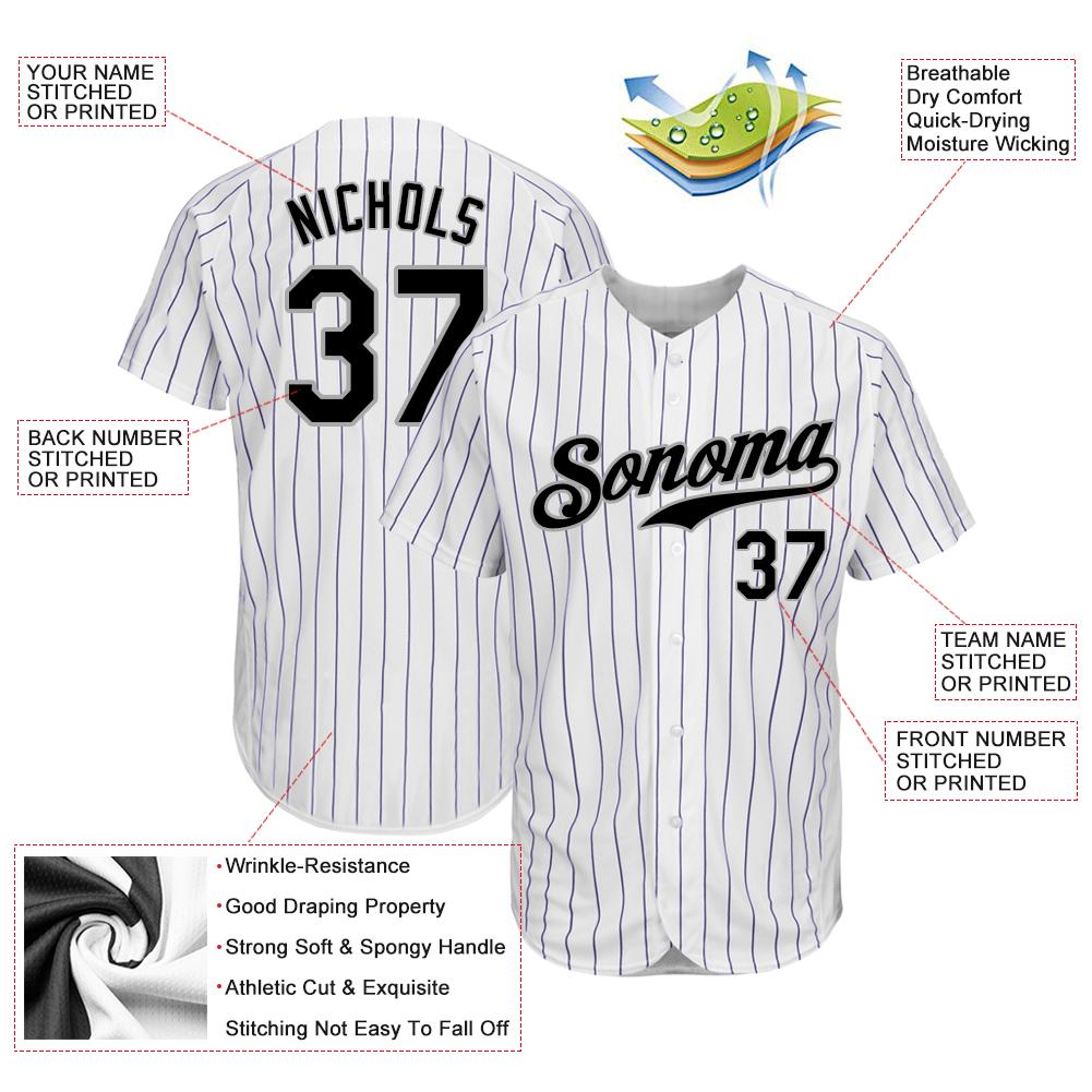 Custom White Purple Pinstripe Black-Gray Authentic Baseball Jersey view 3