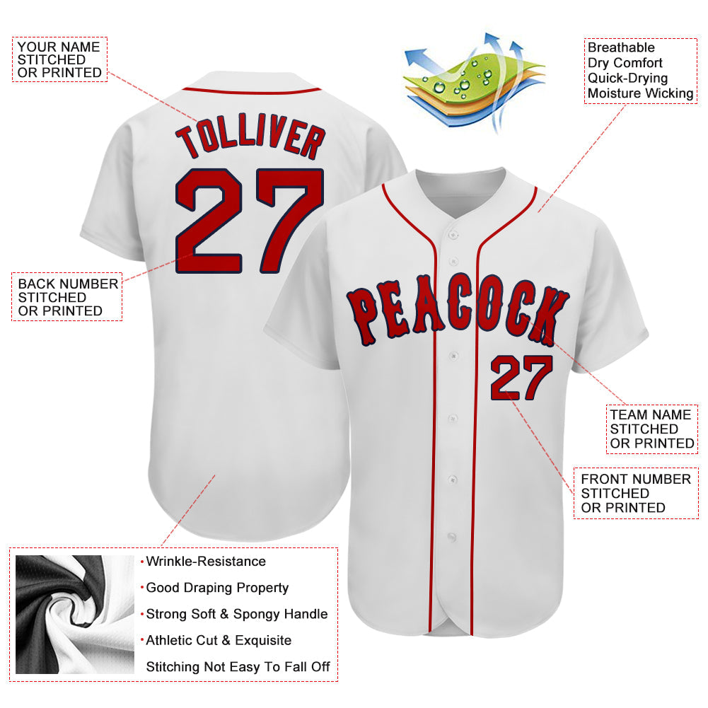 Custom White Red-Navy Authentic Baseball Jersey view 3
