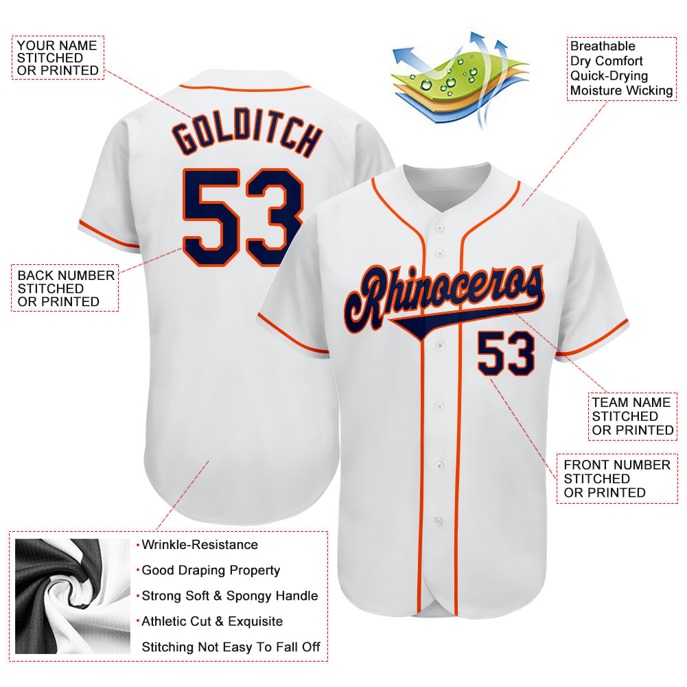 Custom White Navy-Orange Authentic Baseball Jersey view 4