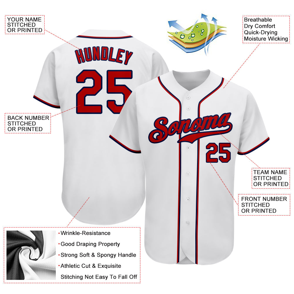 Custom White Red-Navy Authentic Baseball Jersey view 3