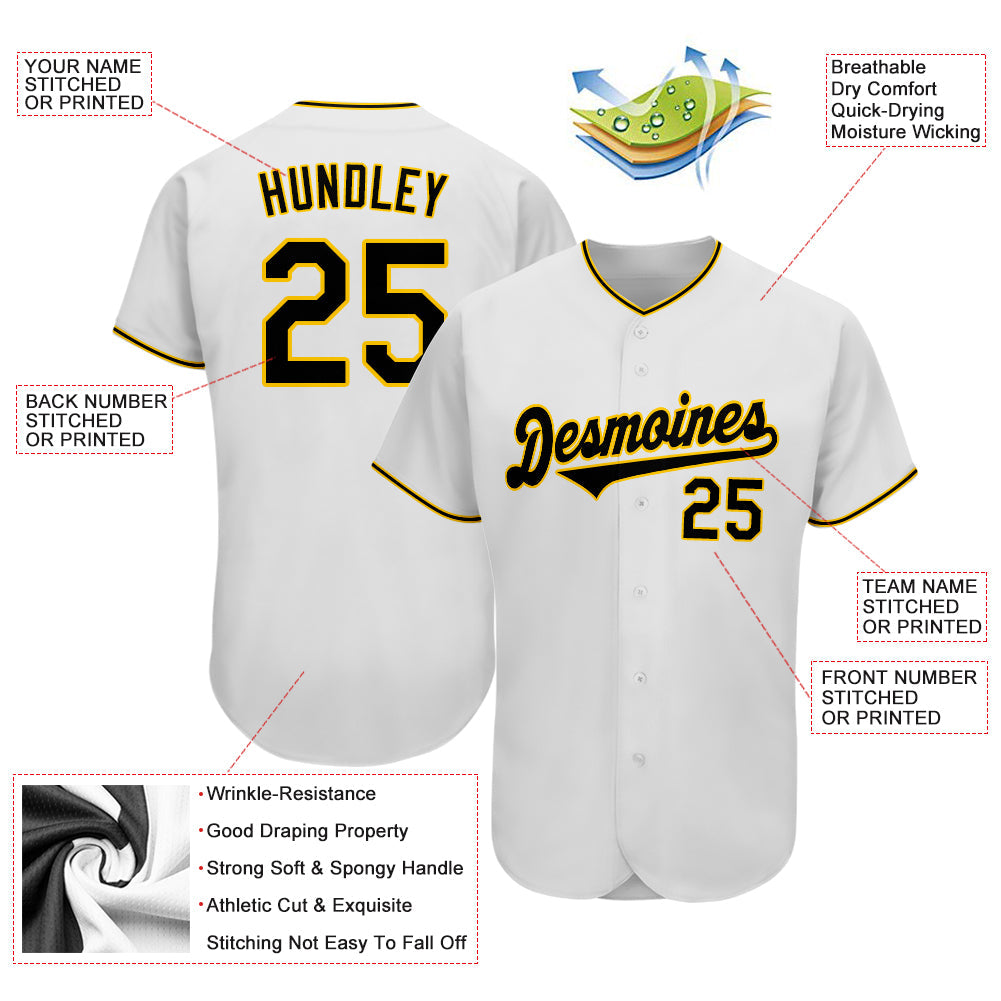 Custom White Black-Gold Authentic Baseball Jersey view 3