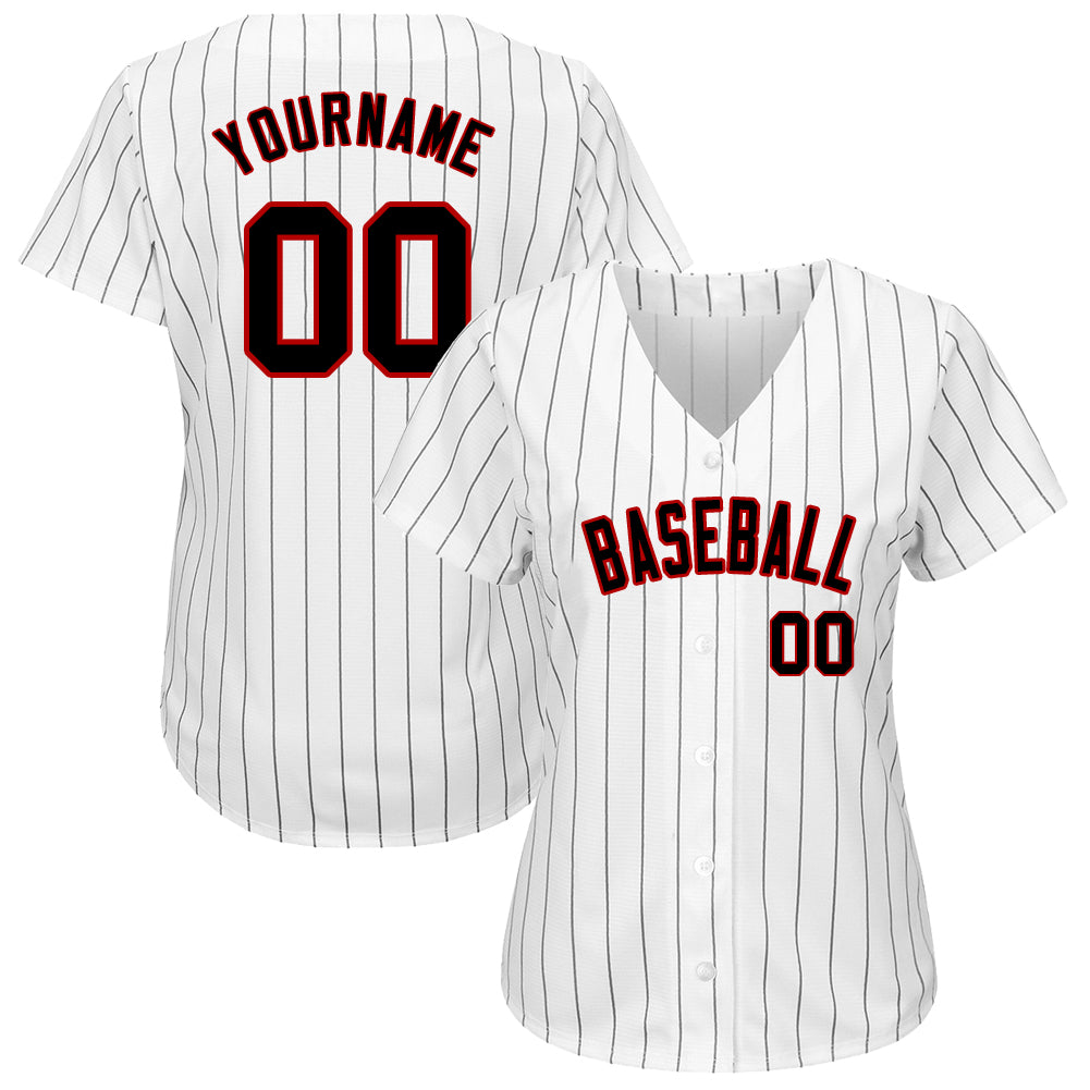 Custom White Black Pinstripe Black-Red Authentic Baseball Jersey view 2