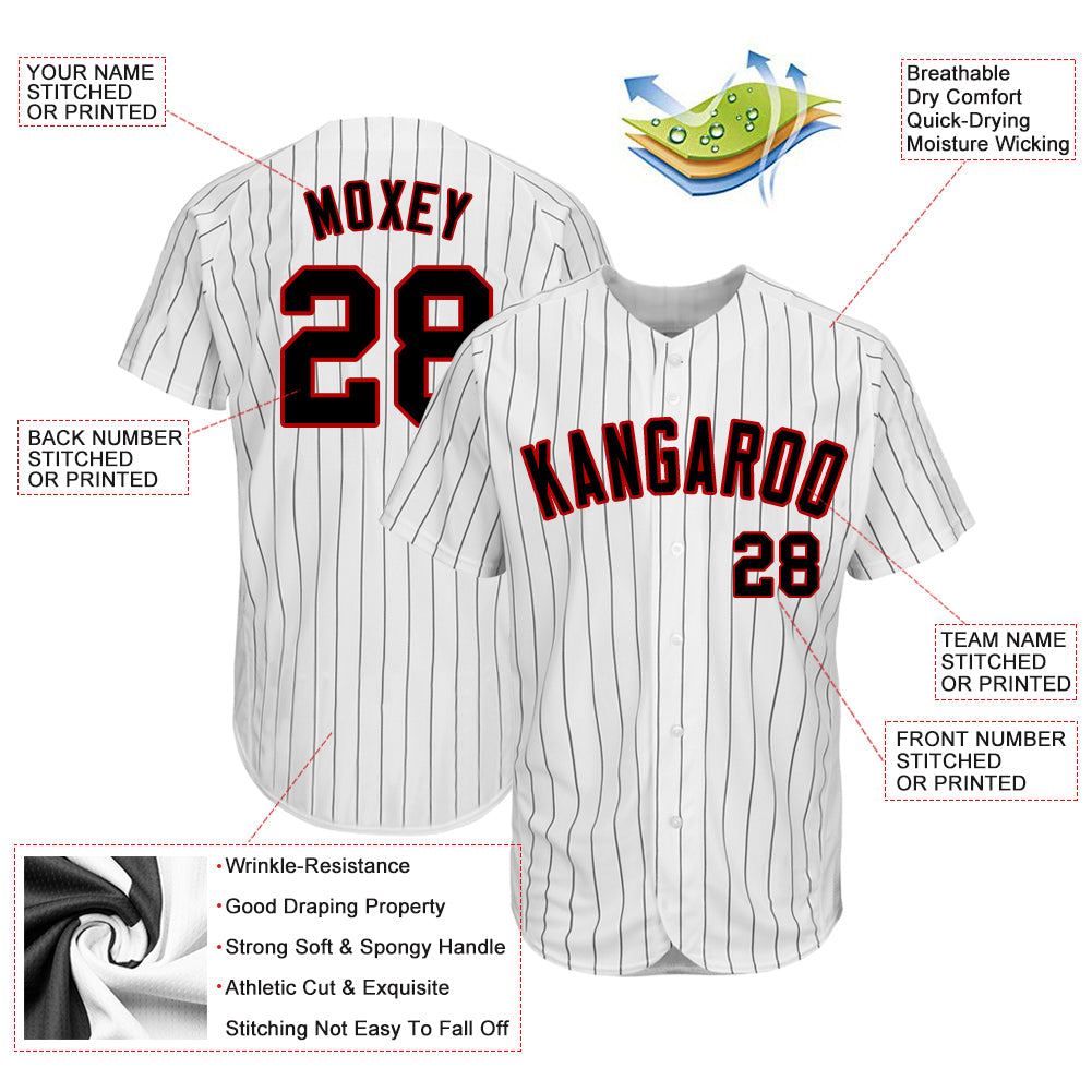 Custom White Black Pinstripe Black-Red Authentic Baseball Jersey view 3