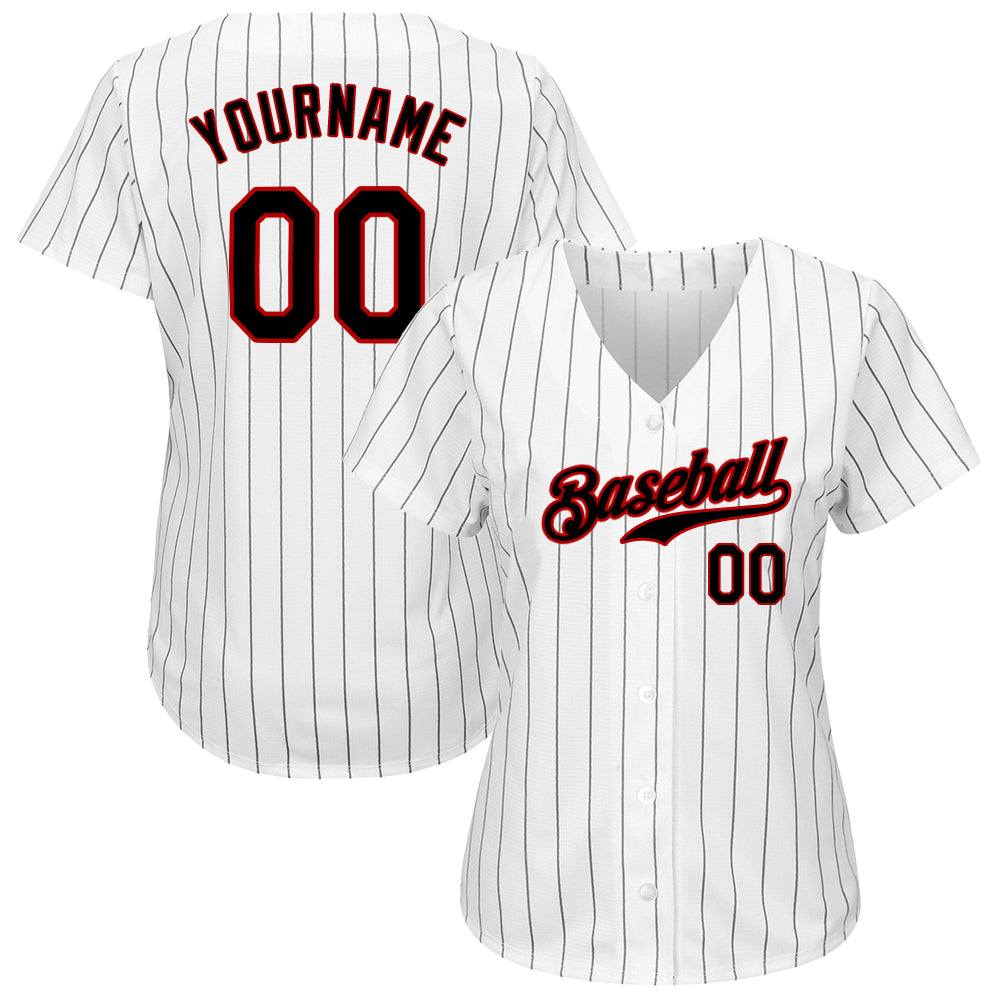 Custom White Black Pinstripe Black-Red Authentic Baseball Jersey view 2