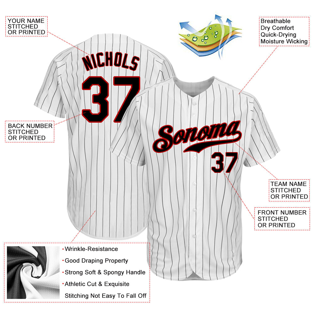 Custom White Black Pinstripe Black-Red Authentic Baseball Jersey view 3