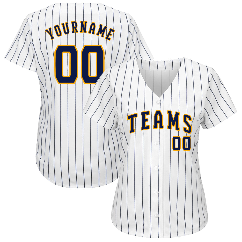 Custom White Navy Pinstripe Navy-Gold Authentic Baseball Jersey view 2