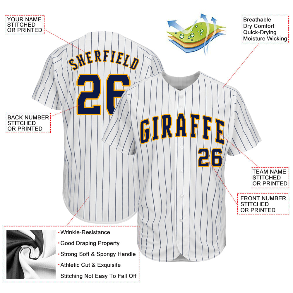 Custom White Navy Pinstripe Navy-Gold Authentic Baseball Jersey view 3