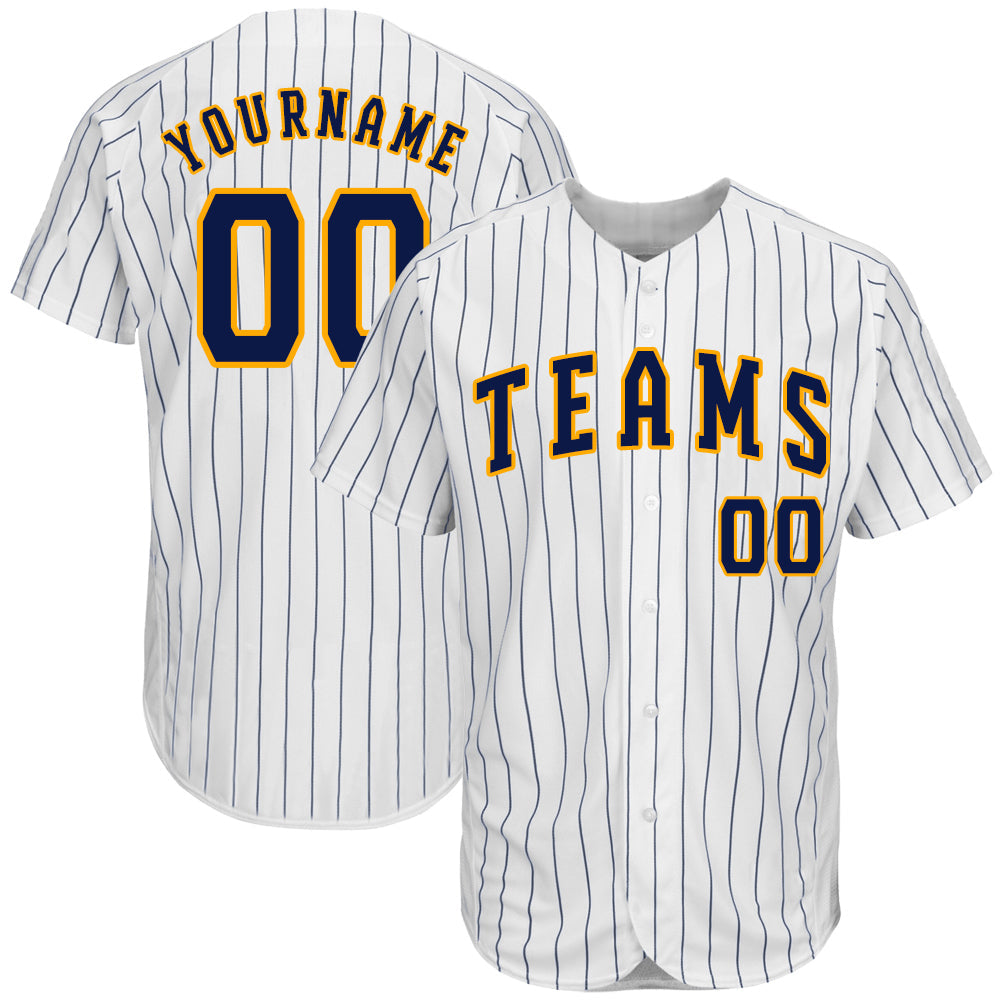 Custom White Navy Pinstripe Navy-Gold Authentic Baseball Jersey - Main View