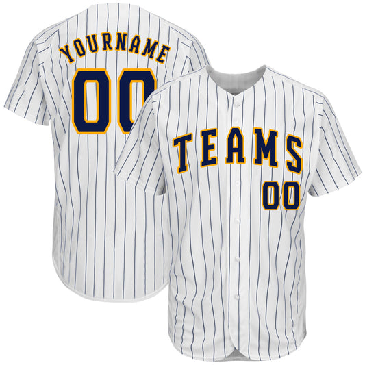 Custom White Navy Pinstripe Navy-Gold Authentic Baseball Jersey - Main View