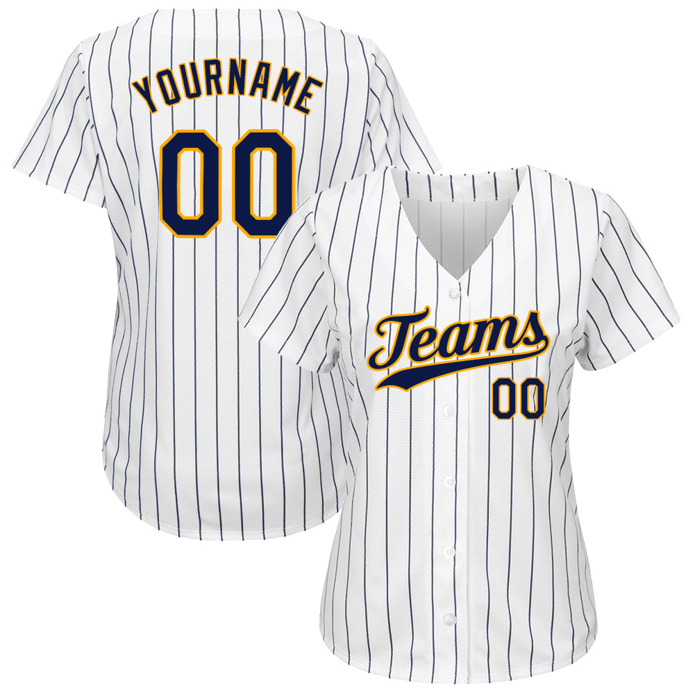 Custom White Navy Pinstripe Navy-Gold Authentic Baseball Jersey view 2