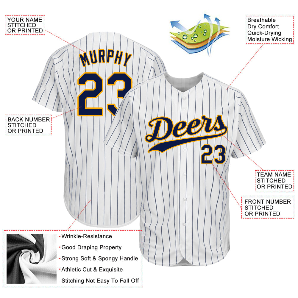 Custom White Navy Pinstripe Navy-Gold Authentic Baseball Jersey view 3