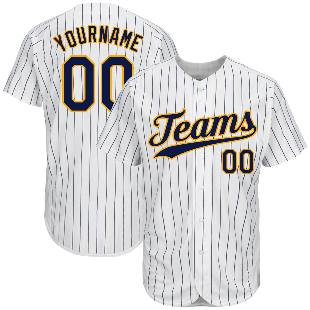 Custom White Navy Pinstripe Navy-Gold Authentic Baseball Jersey - Main View