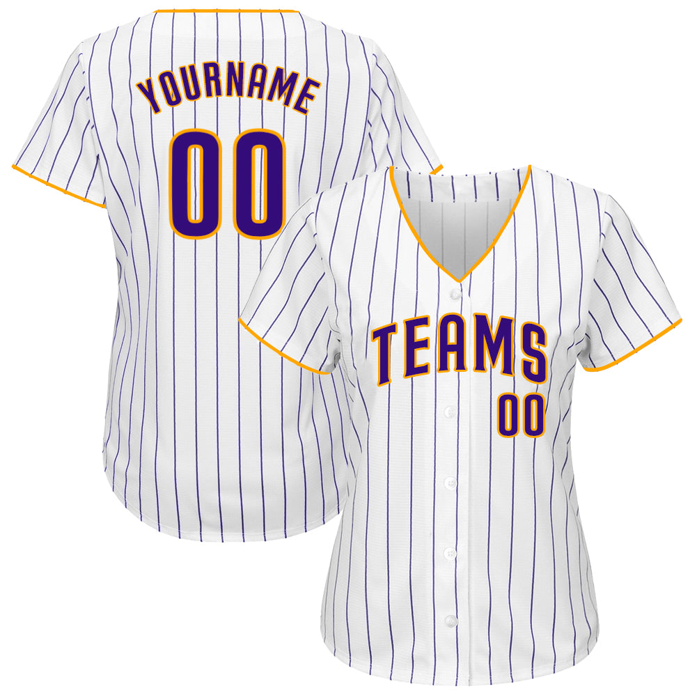 Custom White Purple Pinstripe Purple-Gold Authentic Baseball Jersey view 2