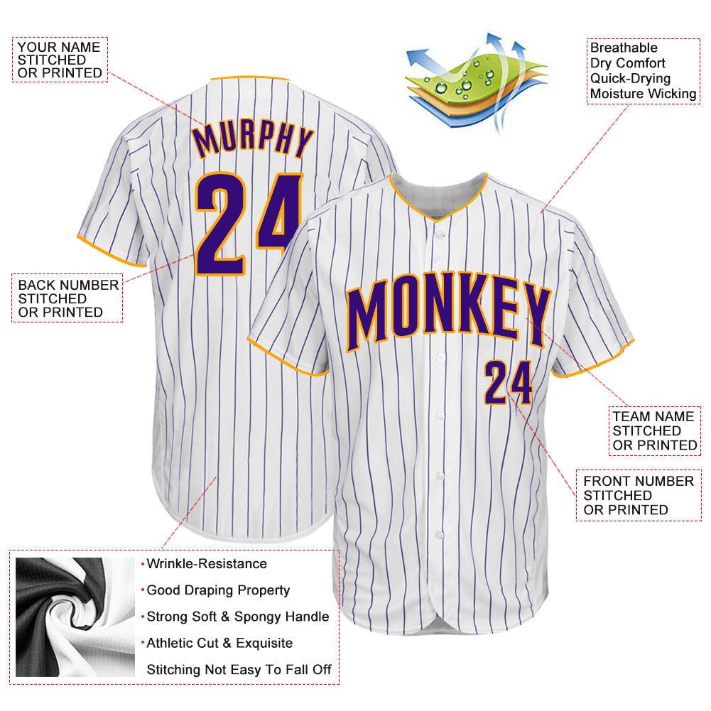 Custom White Purple Pinstripe Purple-Gold Authentic Baseball Jersey view 3