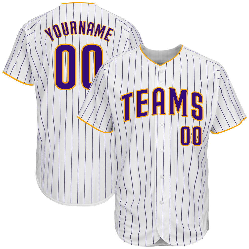 Custom White Purple Pinstripe Purple-Gold Authentic Baseball Jersey - Main View