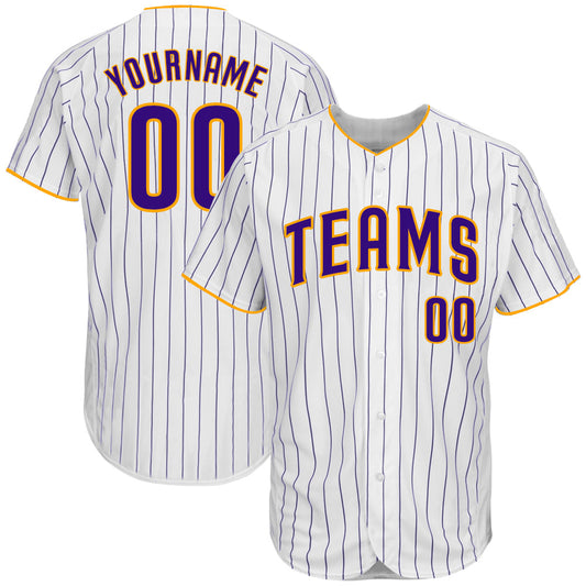 Custom White Purple Pinstripe Purple-Gold Authentic Baseball Jersey - Main View