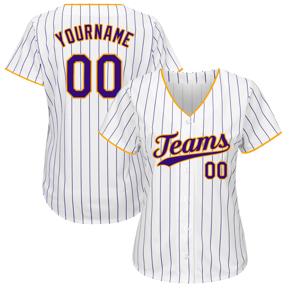 Custom White Purple Pinstripe Purple-Gold Authentic Baseball Jersey view 3