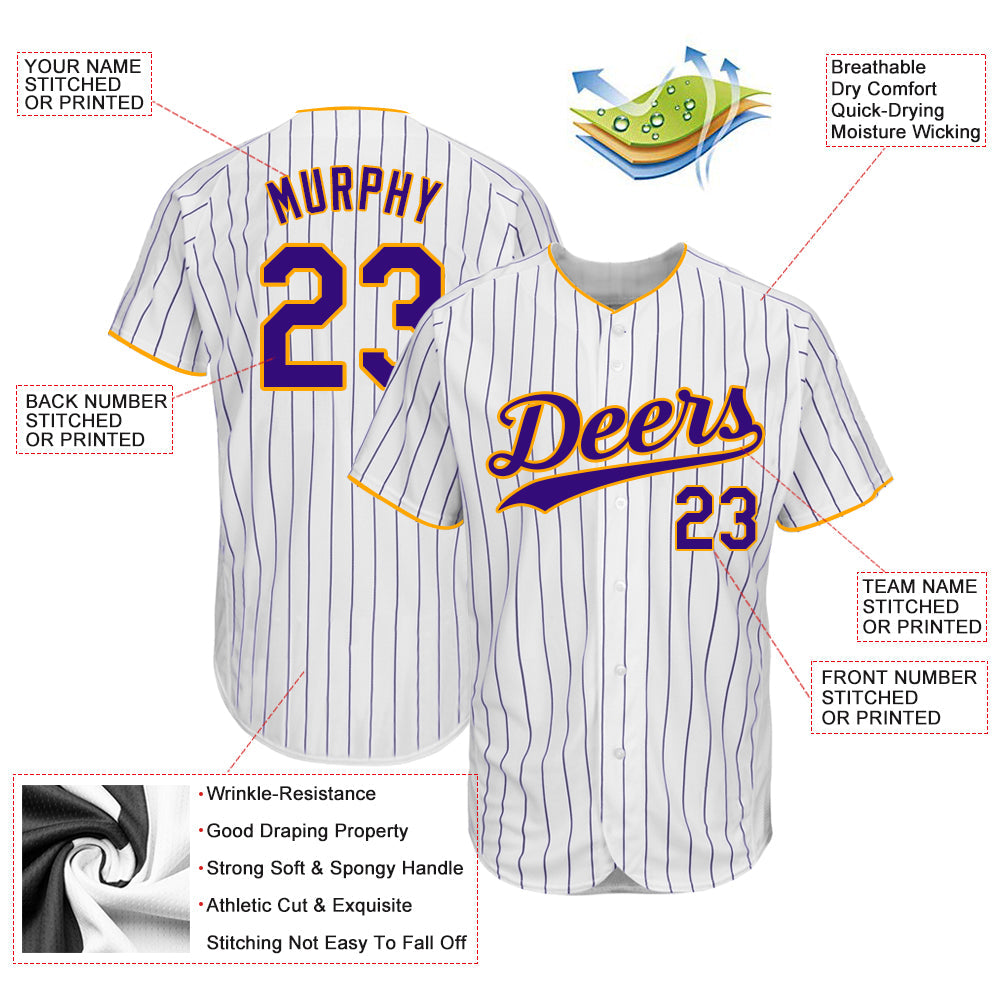 Custom White Purple Pinstripe Purple-Gold Authentic Baseball Jersey view 4
